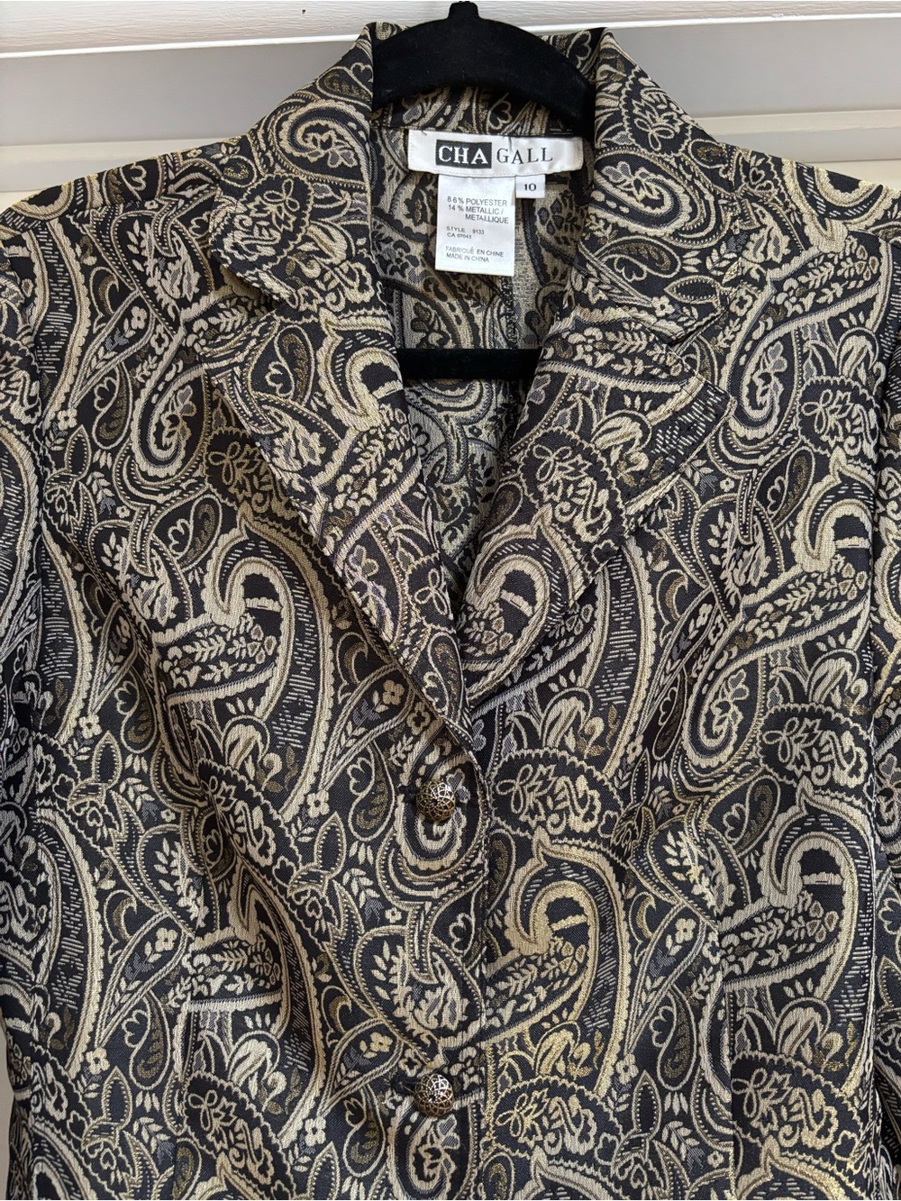 Vintage CHA GALL Black and Cream Paisley Blazer